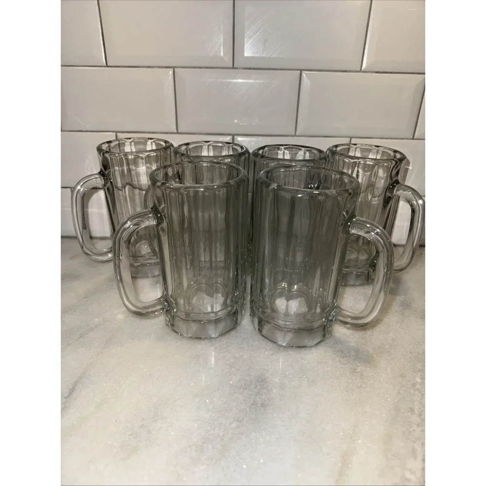 Set Of 6 Vintage Thick Heavy Libbey‎ 16oz 10 Panel Beer Mugs Clear Glass GW0042
